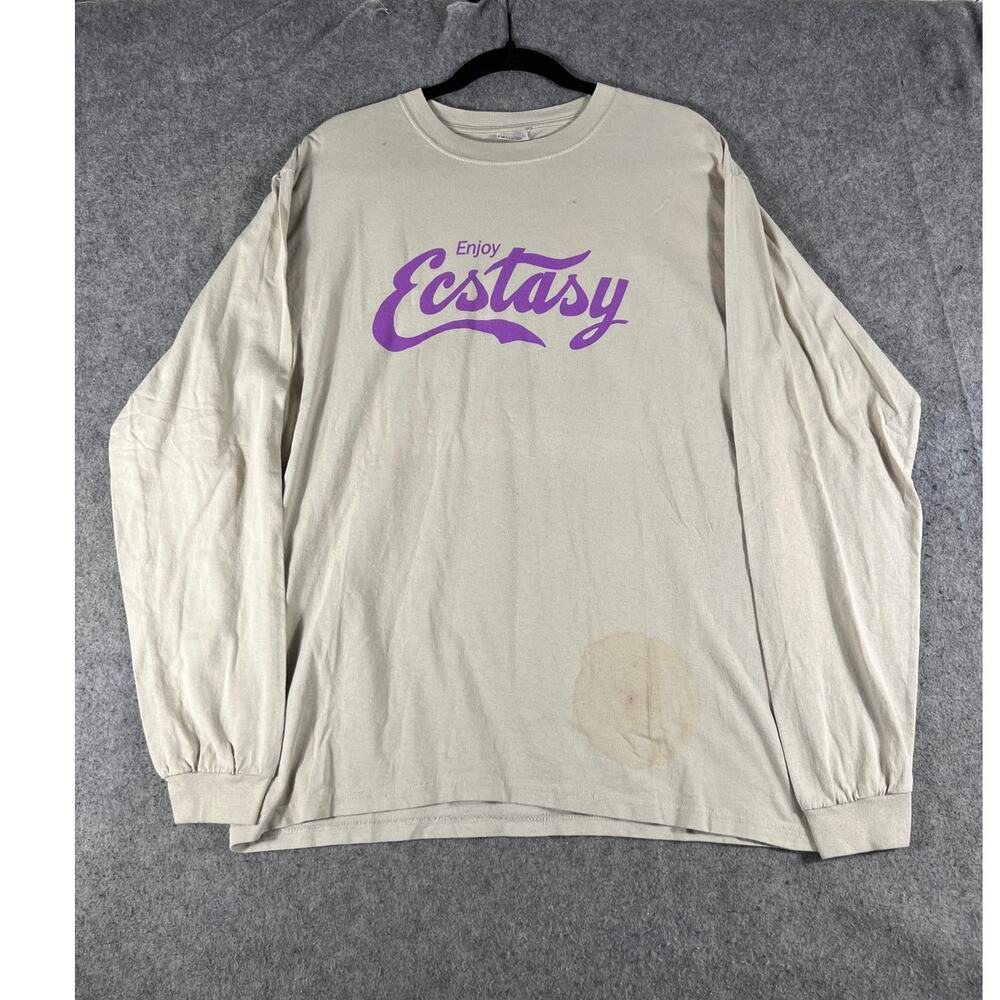 VINTAGE 90s Enjoy Ecstasy Shirt Mens Medium Beige Spellout Long Sleeve Tee Y2K